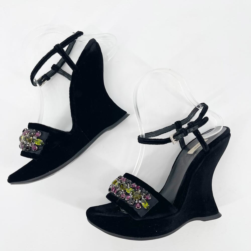 Prada Fall 2004 Runway Black Velvet Crystal Embellished Wedge Sandals IT 37 - Picture 5 of 11